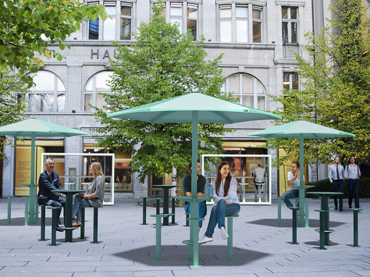 Table bar ronde extérieur - Mobilier urbain - parasol urbain - Table haute urbaine - Table louange urbaine - Tabourets bar urbain