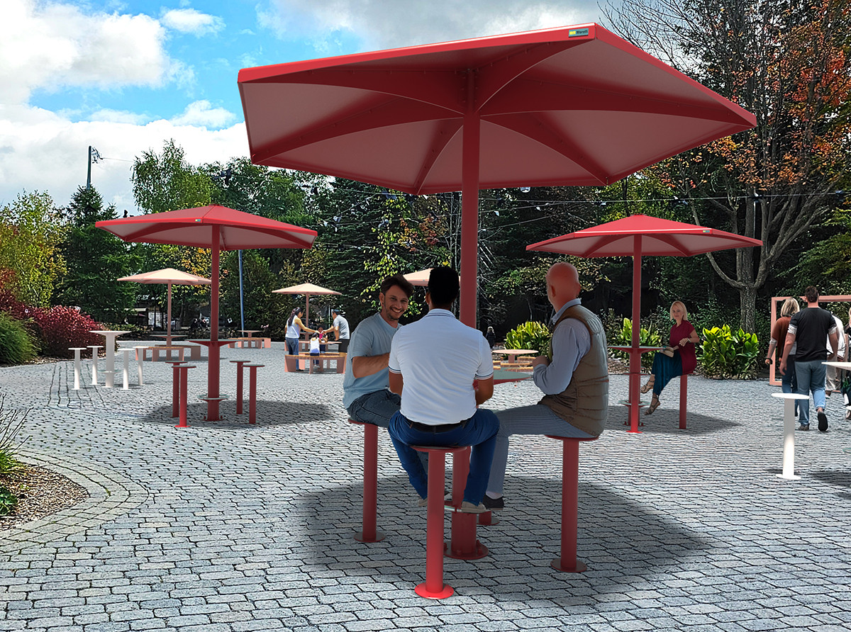 Table bar ronde extérieur - Mobilier urbain - parasol urbain - Table haute urbaine - Table louange urbaine - Tabourets bar urbain