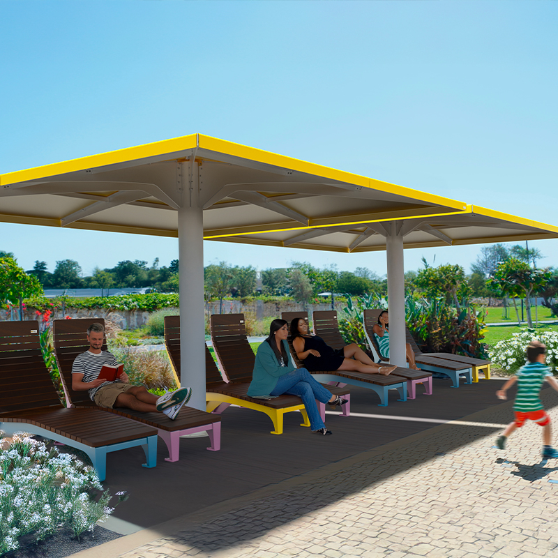 mobilier urbain avec abri solaire - parasol métallique 4 saisons - mobilier urbain durable 