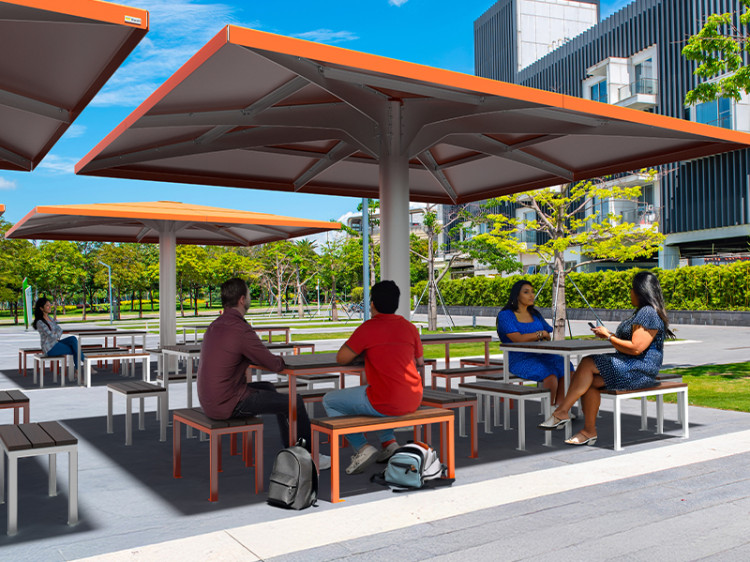 mobilier urbain avec abri solaire - parasol métallique 4 saisons - mobilier urbain durable 