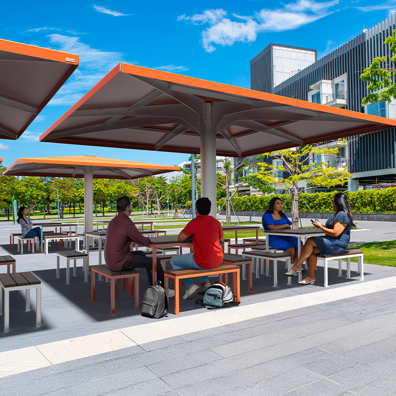 mobilier urbain avec abri solaire - parasol métallique 4 saisons - mobilier urbain durable