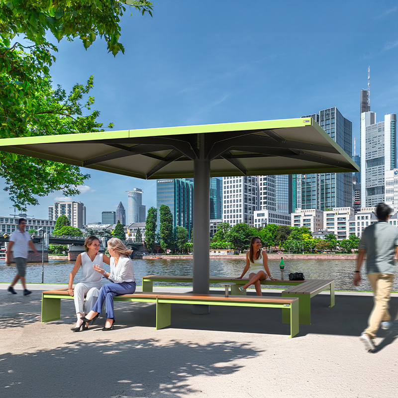 mobilier urbain avec abri solaire - parasol métallique 4 saisons - mobilier urbain durable 