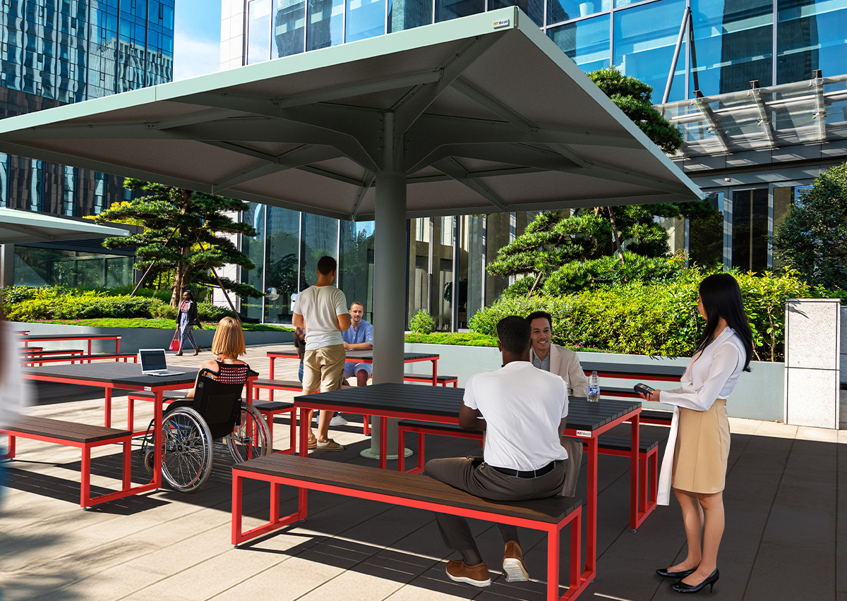 mobilier urbain avec abri solaire - parasol métallique 4 saisons - mobilier urbain durable