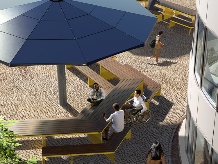 mobilier urbain avec abri solaire - parasol métallique 4 saisons - mobilier urbain durable