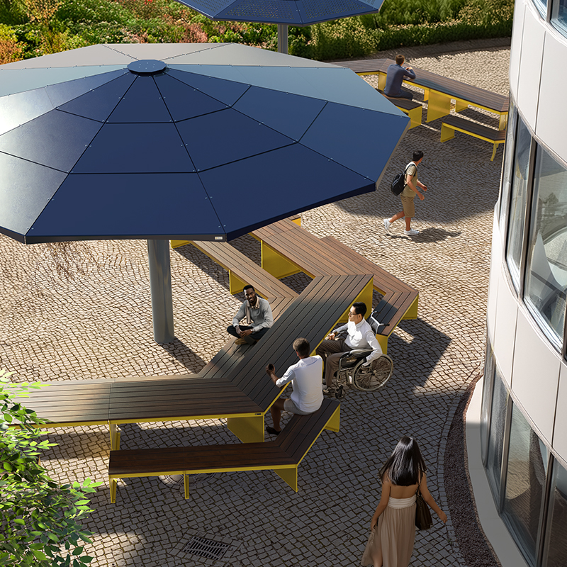 mobilier urbain avec abri solaire - parasol métallique 4 saisons - mobilier urbain durable