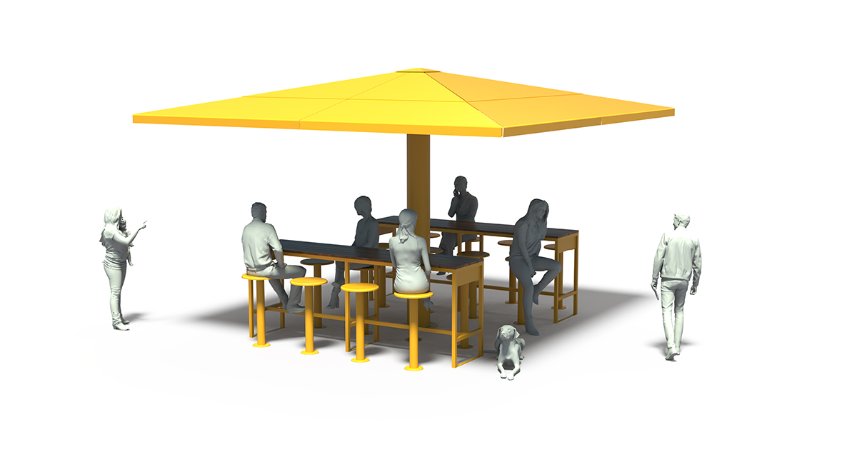 Urban Parasol, Metal sunbrella, Street furniture, urban furniture, Picnic table shelter, sunshade, outdoor collaborative space furniture, outdoor school furniture, outdoor furniture, school outdoor furniture, touristic station outdoor furniture, commercial outdoor furniture, Park outdoor furniture, Rooftop terrace furniture, Commercial terrace furniture, Public square outdoor furniture, Touristic site outdoor furniture, Urban modular furniture, Public space furniture.