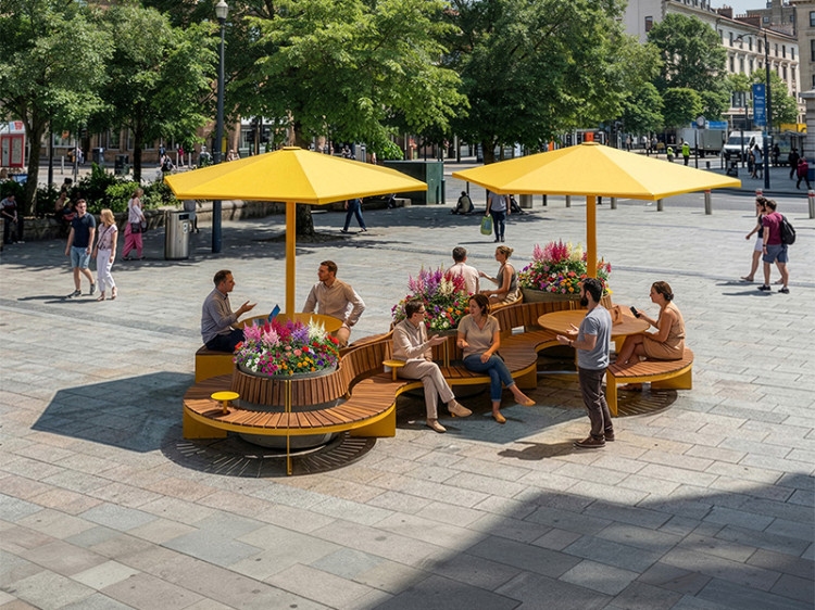 Configuration de mobilier urbain TRIVIO pour placette avec bancs modulaires et tables rondes, Aménagement de placette urbaine avec mobilier TRIVIO et bacs de plantation, Banc modulaire urbain, accès universel (PMR), mobilier urbain, banc public, mobilier espace public, mobilier extérieur, mobilier d'espace collaboratif extérieur, mobilier espace commercial, mobilier de parc, mobilier scolaire, station touristique, mobilier terrasse commerciale, mobilier place publique, mobilier toit-terrasse extérieur, mobilier modulaire urbain Modular urban bench, universal access (ADA), urban furniture, street furniture, site furnishings, public bench, public space furniture, public square outdoor furniture, outdoor furniture, outdoor collaborative space furniture, commercial furniture, park furniture, school outdoor furniture, touristic station, Touristic site outdoor furniture, commercial terrace furniture, rooftop terrace furniture, urban modular furniture