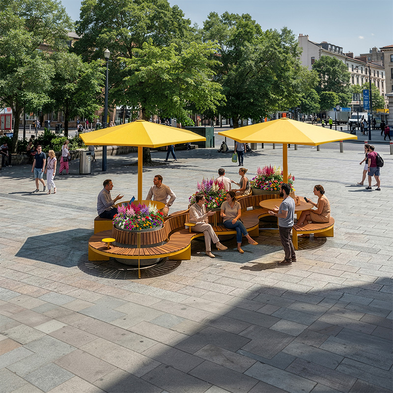 Configuration de mobilier urbain TRIVIO pour placette avec bancs modulaires et tables rondes, Aménagement de placette urbaine avec mobilier TRIVIO et bacs de plantation, Banc modulaire urbain, accès universel (PMR), mobilier urbain, banc public, mobilier espace public, mobilier extérieur, mobilier d'espace collaboratif extérieur, mobilier espace commercial, mobilier de parc, mobilier scolaire, station touristique, mobilier terrasse commerciale, mobilier place publique, mobilier toit-terrasse extérieur, mobilier modulaire urbain Modular urban bench, universal access (ADA), urban furniture, street furniture, site furnishings, public bench, public space furniture, public square outdoor furniture, outdoor furniture, outdoor collaborative space furniture, commercial furniture, park furniture, school outdoor furniture, touristic station, Touristic site outdoor furniture, commercial terrace furniture, rooftop terrace furniture, urban modular furniture