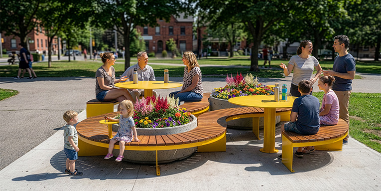 Configuration de mobilier urbain TRIVIO pour placette avec bancs modulaires et tables rondes, Aménagement de placette urbaine avec mobilier TRIVIO et bacs de plantation, Banc modulaire urbain, accès universel (PMR), mobilier urbain, banc public, mobilier espace public, mobilier extérieur, mobilier d'espace collaboratif extérieur, mobilier espace commercial, mobilier de parc, mobilier scolaire, station touristique, mobilier terrasse commerciale, mobilier place publique, mobilier toit-terrasse extérieur, mobilier modulaire urbain Modular urban bench, universal access (ADA), urban furniture, street furniture, site furnishings, public bench, public space furniture, public square outdoor furniture, outdoor furniture, outdoor collaborative space furniture, commercial furniture, park furniture, school outdoor furniture, touristic station, Touristic site outdoor furniture, commercial terrace furniture, rooftop terrace furniture, urban modular furniture