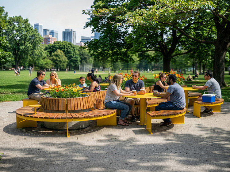 Configuration de mobilier urbain TRIVIO pour placette avec bancs modulaires et tables rondes, Aménagement de placette urbaine avec mobilier TRIVIO et bacs de plantation, Banc modulaire urbain, accès universel (PMR), mobilier urbain, banc public, mobilier espace public, mobilier extérieur, mobilier d'espace collaboratif extérieur, mobilier espace commercial, mobilier de parc, mobilier scolaire, station touristique, mobilier terrasse commerciale, mobilier place publique, mobilier toit-terrasse extérieur, mobilier modulaire urbain Modular urban bench, universal access (ADA), urban furniture, street furniture, site furnishings, public bench, public space furniture, public square outdoor furniture, outdoor furniture, outdoor collaborative space furniture, commercial furniture, park furniture, school outdoor furniture, touristic station, Touristic site outdoor furniture, commercial terrace furniture, rooftop terrace furniture, urban modular furniture