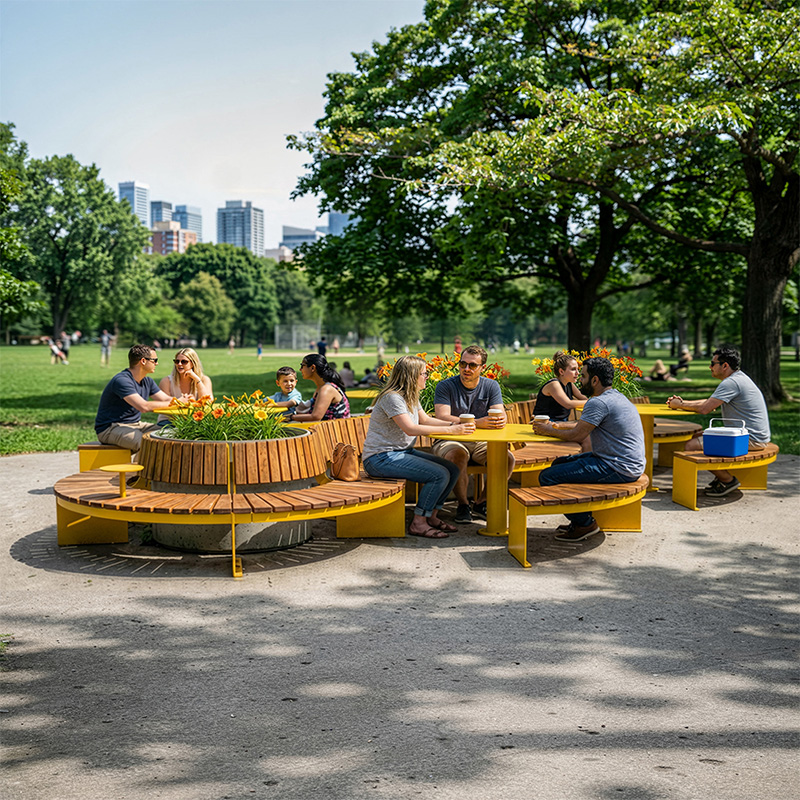 Configuration de mobilier urbain TRIVIO pour placette avec bancs modulaires et tables rondes, Aménagement de placette urbaine avec mobilier TRIVIO et bacs de plantation, Banc modulaire urbain, accès universel (PMR), mobilier urbain, banc public, mobilier espace public, mobilier extérieur, mobilier d'espace collaboratif extérieur, mobilier espace commercial, mobilier de parc, mobilier scolaire, station touristique, mobilier terrasse commerciale, mobilier place publique, mobilier toit-terrasse extérieur, mobilier modulaire urbain Modular urban bench, universal access (ADA), urban furniture, street furniture, site furnishings, public bench, public space furniture, public square outdoor furniture, outdoor furniture, outdoor collaborative space furniture, commercial furniture, park furniture, school outdoor furniture, touristic station, Touristic site outdoor furniture, commercial terrace furniture, rooftop terrace furniture, urban modular furniture