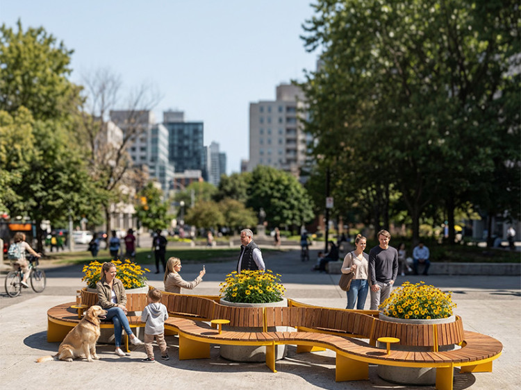 Configuration de mobilier urbain TRIVIO pour placette avec bancs modulaires et tables rondes, Aménagement de placette urbaine avec mobilier TRIVIO et bacs de plantation, Banc modulaire urbain, accès universel (PMR), mobilier urbain, banc public, mobilier espace public, mobilier extérieur, mobilier d'espace collaboratif extérieur, mobilier espace commercial, mobilier de parc, mobilier scolaire, station touristique, mobilier terrasse commerciale, mobilier place publique, mobilier toit-terrasse extérieur, mobilier modulaire urbain Modular urban bench, universal access (ADA), Urban furniture, street furniture, site furnishings, public bench, public space furniture, public square outdoor furniture, outdoor furniture, outdoor collaborative space furniture, commercial furniture, park furniture, school outdoor furniture, touristic station, Touristic site outdoor furniture, commercial terrace furniture, rooftop terrace furniture, urban modular furniture