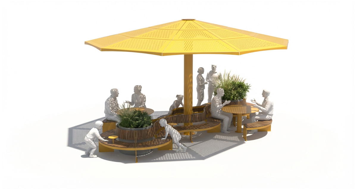 Configuration de mobilier urbain TRIVIO pour placette avec bancs modulaires et tables rondes, Aménagement de placette urbaine avec mobilier TRIVIO et bacs de plantation, Banc modulaire urbain, accès universel (PMR), mobilier urbain, banc public, mobilier espace public, mobilier extérieur, mobilier d'espace collaboratif extérieur, mobilier espace commercial, mobilier de parc, mobilier scolaire, station touristique, mobilier terrasse commerciale, mobilier place publique, mobilier toit-terrasse extérieur, mobilier modulaire urbain Modular urban bench, universal access (ADA), urban furniture, street furniture, site furnishings, public bench, public space furniture, public square outdoor furniture, outdoor furniture, outdoor collaborative space furniture, commercial furniture, park furniture, school outdoor furniture, touristic station, Touristic site outdoor furniture, commercial terrace furniture, rooftop terrace furniture, urban modular furniture