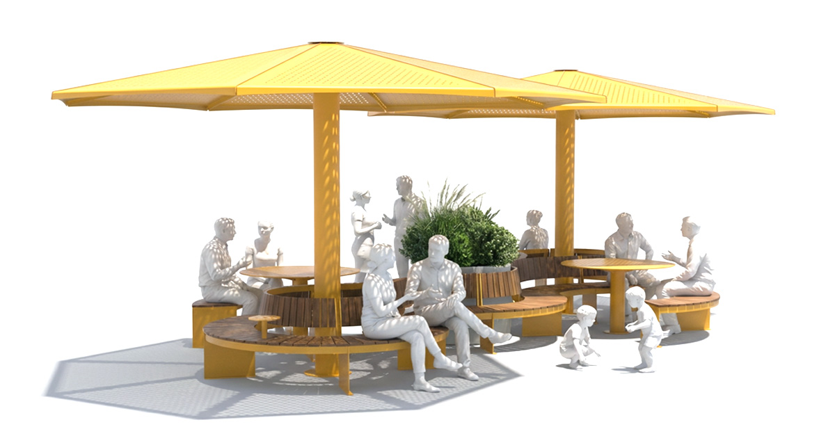 Configuration de mobilier urbain TRIVIO pour placette avec bancs modulaires et tables rondes, Aménagement de placette urbaine avec mobilier TRIVIO et bacs de plantation, Banc modulaire urbain, accès universel (PMR), mobilier urbain, banc public, mobilier espace public, mobilier extérieur, mobilier d'espace collaboratif extérieur, mobilier espace commercial, mobilier de parc, mobilier scolaire, station touristique, mobilier terrasse commerciale, mobilier place publique, mobilier toit-terrasse extérieur, mobilier modulaire urbain Modular urban bench, universal access (ADA), urban furniture, street furniture, site furnishings, public bench, public space furniture, public square outdoor furniture, outdoor furniture, outdoor collaborative space furniture, commercial furniture, park furniture, school outdoor furniture, touristic station, Touristic site outdoor furniture, commercial terrace furniture, rooftop terrace furniture, urban modular furniture