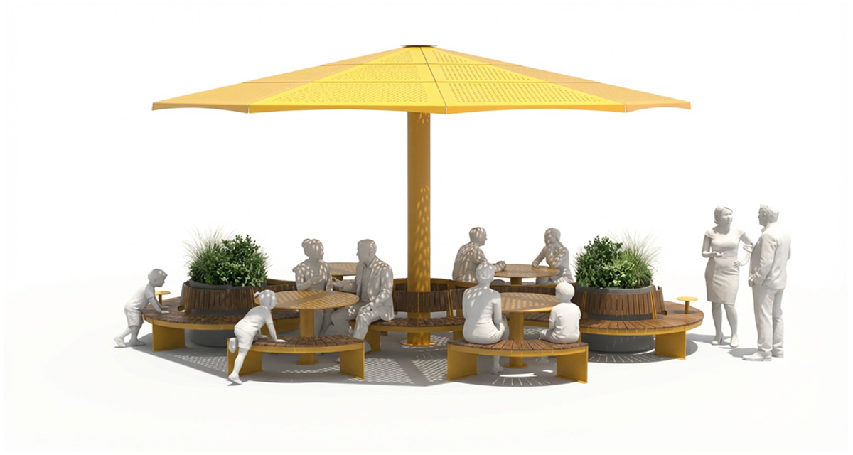 Configuration de mobilier urbain TRIVIO pour placette avec bancs modulaires et tables rondes, Aménagement de placette urbaine avec mobilier TRIVIO et bacs de plantation, Banc modulaire urbain, accès universel (PMR), mobilier urbain, banc public, mobilier espace public, mobilier extérieur, mobilier d'espace collaboratif extérieur, mobilier espace commercial, mobilier de parc, mobilier scolaire, station touristique, mobilier terrasse commerciale, mobilier place publique, mobilier toit-terrasse extérieur, mobilier modulaire urbain Modular urban bench, universal access (ADA), urban furniture, street furniture, site furnishings, public bench, public space furniture, public square outdoor furniture, outdoor furniture, outdoor collaborative space furniture, commercial furniture, park furniture, school outdoor furniture, touristic station, Touristic site outdoor furniture, commercial terrace furniture, rooftop terrace furniture, urban modular furniture