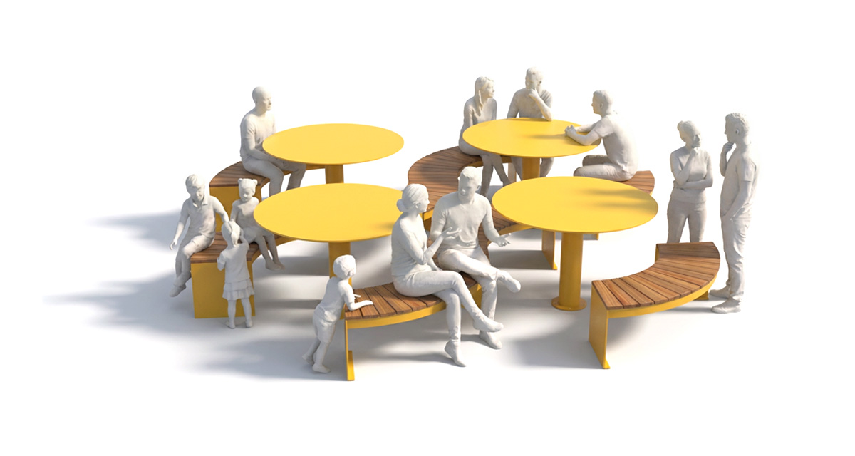 Configuration de mobilier urbain TRIVIO pour placette avec bancs modulaires et tables rondes, Aménagement de placette urbaine avec mobilier TRIVIO et bacs de plantation, Banc modulaire urbain, accès universel (PMR), mobilier urbain, banc public, mobilier espace public, mobilier extérieur, mobilier d'espace collaboratif extérieur, mobilier espace commercial, mobilier de parc, mobilier scolaire, station touristique, mobilier terrasse commerciale, mobilier place publique, mobilier toit-terrasse extérieur, mobilier modulaire urbain Modular urban bench, universal access (ADA), urban furniture, street furniture, site furnishings, public bench, public space furniture, public square outdoor furniture, outdoor furniture, outdoor collaborative space furniture, commercial furniture, park furniture, school outdoor furniture, touristic station, Touristic site outdoor furniture, commercial terrace furniture, rooftop terrace furniture, urban modular furniture