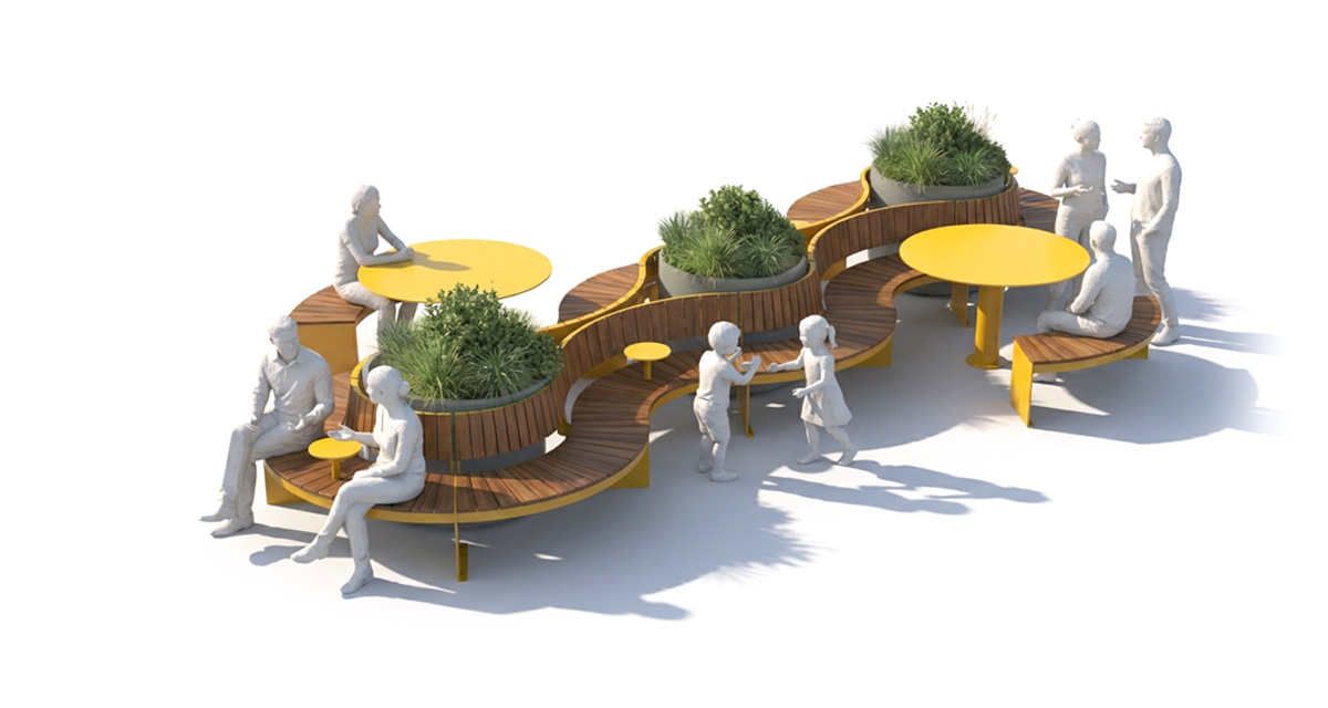 Configuration de mobilier urbain TRIVIO pour placette avec bancs modulaires et tables rondes, Aménagement de placette urbaine avec mobilier TRIVIO et bacs de plantation, Banc modulaire urbain, accès universel (PMR), mobilier urbain, banc public, mobilier espace public, mobilier extérieur, mobilier d'espace collaboratif extérieur, mobilier espace commercial, mobilier de parc, mobilier scolaire, station touristique, mobilier terrasse commerciale, mobilier place publique, mobilier toit-terrasse extérieur, mobilier modulaire urbain Modular urban bench, universal access (ADA), urban furniture, street furniture, site furnishings, public bench, public space furniture, public square outdoor furniture, outdoor furniture, outdoor collaborative space furniture, commercial furniture, park furniture, school outdoor furniture, touristic station, Touristic site outdoor furniture, commercial terrace furniture, rooftop terrace furniture, urban modular furniture