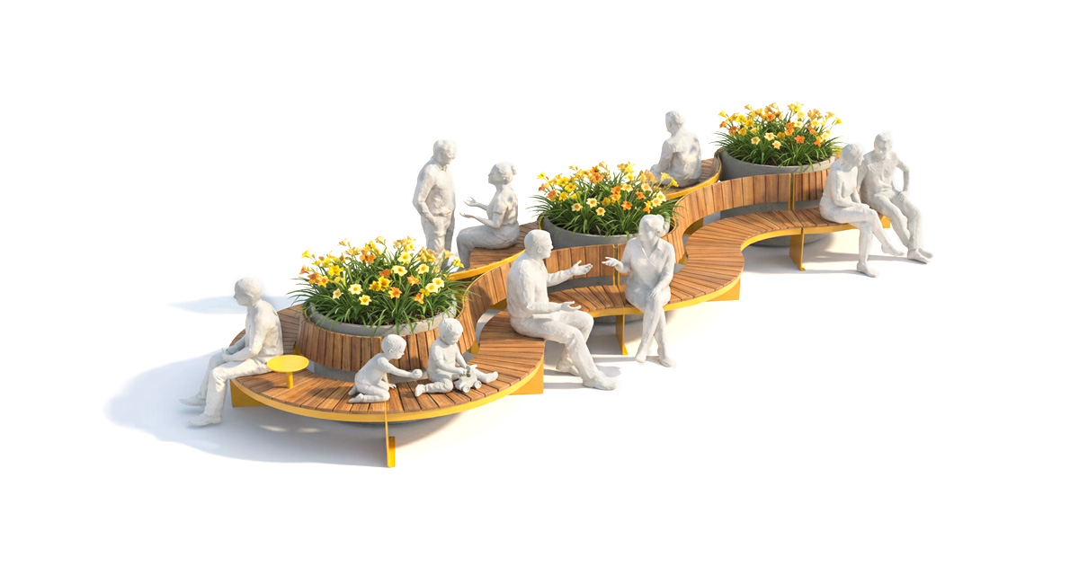 Configuration de mobilier urbain TRIVIO pour placette avec bancs modulaires et tables rondes, Aménagement de placette urbaine avec mobilier TRIVIO et bacs de plantation, Banc modulaire urbain, accès universel (PMR), mobilier urbain, banc public, mobilier espace public, mobilier extérieur, mobilier d'espace collaboratif extérieur, mobilier espace commercial, mobilier de parc, mobilier scolaire, station touristique, mobilier terrasse commerciale, mobilier place publique, mobilier toit-terrasse extérieur, mobilier modulaire urbain Modular urban bench, universal access (ADA), urban furniture, street furniture, site furnishings, public bench, public space furniture, public square outdoor furniture, outdoor furniture, outdoor collaborative space furniture, commercial furniture, park furniture, school outdoor furniture, touristic station, Touristic site outdoor furniture, commercial terrace furniture, rooftop terrace furniture, urban modular furniture