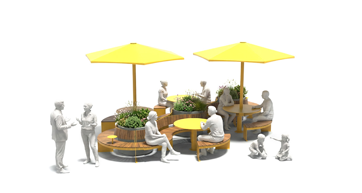 Configuration de mobilier urbain TRIVIO pour placette avec bancs modulaires et tables rondes, Aménagement de placette urbaine avec mobilier TRIVIO et bacs de plantation, Banc modulaire urbain, accès universel (PMR), mobilier urbain, banc public, mobilier espace public, mobilier extérieur, mobilier d'espace collaboratif extérieur, mobilier espace commercial, mobilier de parc, mobilier scolaire, station touristique, mobilier terrasse commerciale, mobilier place publique, mobilier toit-terrasse extérieur, mobilier modulaire urbain Modular urban bench, universal access (ADA), urban furniture, street furniture, site furnishings, public bench, public space furniture, public square outdoor furniture, outdoor furniture, outdoor collaborative space furniture, commercial furniture, park furniture, school outdoor furniture, touristic station, Touristic site outdoor furniture, commercial terrace furniture, rooftop terrace furniture, urban modular furniture