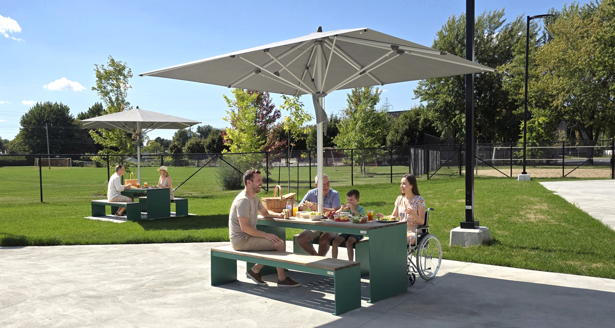 Table pique-nique modulaire, accès universel (PMR), parasol de tissu, abri solaire, abri de table de pique-nique, mobilier urbain, table à pique-nique, table publique, banc public, mobilier espace public, mobilier extérieur, mobilier d'espace collaboratif extérieur, mobilier espace commercial, mobilier de parc, mobilier scolaire, station touristique, mobilier terrasse commerciale, mobilier place publique, mobilier toit-terrasse extérieur, mobilier modulaire urbain
Modular picnic table, universal access (ADA),  fabric parasol, sunshade, solar shelter, sunbrella, umbrella, Picnic table shelter, urban furniture, street furniture, site furnishings, public table, public bench, modular picnic table, public space furniture, public square outdoor furniture, outdoor furniture, outdoor collaborative space furniture, commercial furniture, park furniture, school outdoor furniture, touristic station, Touristic site outdoor furniture, commercial terrace furniture, rooftop terrace furniture, urban modular furniture
