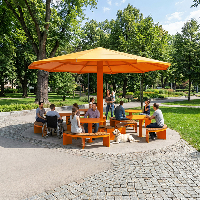 Table pique-nique modulaire, accès universel (PMR), parasol métallique, abri solaire, abri de table de pique-nique, mobilier urbain, table à pique-nique, table publique, banc public, mobilier espace public, mobilier extérieur, mobilier d'espace collaboratif extérieur, mobilier espace commercial, mobilier de parc, mobilier scolaire, station touristique, mobilier terrasse commerciale, mobilier place publique, mobilier toit-terrasse extérieur, mobilier modulaire urbain Modular picnic table, universal access (ADA), metal parasol, sunshade, solar shelter, sunbrella, umbrella, Picnic table shelter, urban furniture, street furniture, site furnishings, public table, public bench, modular picnic table, public space furniture, public square outdoor furniture, outdoor furniture, outdoor collaborative space furniture, commercial furniture, park furniture, school outdoor furniture, touristic station, Touristic site outdoor furniture, commercial terrace furniture, rooftop terrace furniture, urban modular furniture