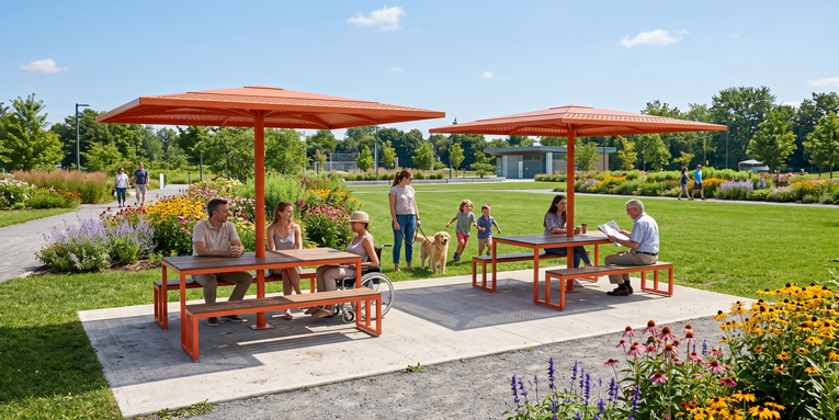 Table pique-nique modulaire, accès universel (PMR), parasol métallique, abri solaire, abri de table de pique-nique, mobilier urbain, table à pique-nique, table publique, banc public, mobilier espace public, mobilier extérieur, mobilier d'espace collaboratif extérieur, mobilier espace commercial, mobilier de parc, mobilier scolaire, station touristique, mobilier terrasse commerciale, mobilier place publique, mobilier toit-terrasse extérieur, mobilier modulaire urbain Modular picnic table, universal access (ADA), metal parasol, sunshade, solar shelter, sunbrella, umbrella, Picnic table shelter, urban furniture, street furniture, site furnishings, public table, public bench, modular picnic table, public space furniture, public square outdoor furniture, outdoor furniture, outdoor collaborative space furniture, commercial furniture, park furniture, school outdoor furniture, touristic station, Touristic site outdoor furniture, commercial terrace furniture, rooftop terrace furniture, urban modular furniture