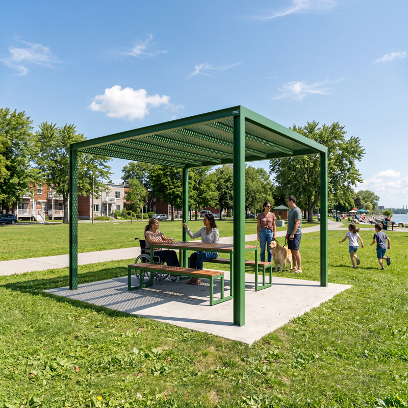 Table pique-nique modulaire, accès universel (PMR), parasol métallique, abri solaire, abri de table de pique-nique, mobilier urbain, table à pique-nique, table publique, banc public, mobilier espace public, mobilier extérieur, mobilier d'espace collaboratif extérieur, mobilier espace commercial, mobilier de parc, mobilier scolaire, station touristique, mobilier terrasse commerciale, mobilier place publique, mobilier toit-terrasse extérieur, mobilier modulaire urbain Modular picnic table, universal access (ADA), metal parasol, sunshade, solar shelter, sunbrella, umbrella, Picnic table shelter, urban furniture, street furniture, site furnishings, public table, public bench, modular picnic table, public space furniture, public square outdoor furniture, outdoor furniture, outdoor collaborative space furniture, commercial furniture, park furniture, school outdoor furniture, touristic station, Touristic site outdoor furniture, commercial terrace furniture, rooftop terrace furniture, urban modular furniture