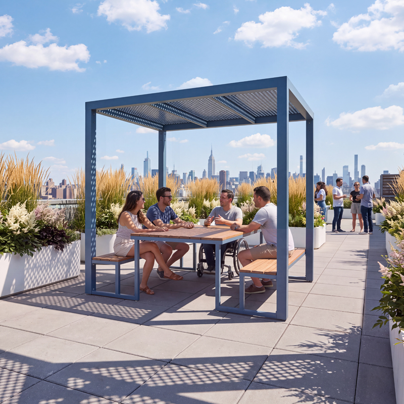 Cabana, table pique-nique modulaire, accès universel (PMR), abri solaire, abri de table de pique-nique, table bistro, tabourets hauts, mobilier urbain, table à pique-nique, table public, banc public, mobilier espace public, mobilier extérieur, mobilier d'espace collaboratif extérieur, mobilier espace commercial, mobilier de parc, mobilier scolaire, station touristique, mobilier terrasse commerciale, mobilier place publique, mobilier toit-terrasse extérieur, mobilier modulaire urbain Cabana, modular picnic table, universal access (ADA), sunshade, solar shelter, picnic table shelter, bar table, high stools urban furniture, street furniture, site furnishings, public table, public bench, modular picnic table, public space furniture, public square outdoor furniture, outdoor furniture, outdoor collaborative space furniture, commercial furniture, park furniture, school outdoor furniture, touristic station, Touristic site outdoor furniture, commercial terrace furniture, rooftop terrace furniture, urban modular furniture