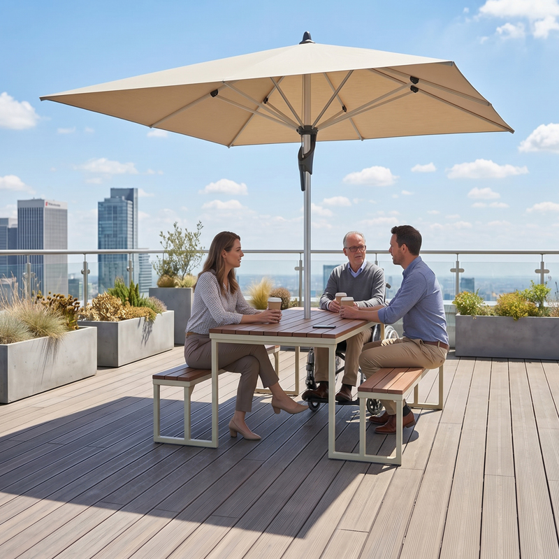 Table pique-nique modulaire, accès universel (PMR), parasol de tissu, abri solaire, abri de table de pique-nique, mobilier urbain, table à pique-nique, table publique, banc public, mobilier espace public, mobilier extérieur, mobilier d'espace collaboratif extérieur, mobilier espace commercial, mobilier de parc, mobilier scolaire, station touristique, mobilier terrasse commerciale, mobilier place publique, mobilier toit-terrasse extérieur, mobilier modulaire urbain Modular picnic table, universal access (ADA), fabric parasol, sunshade, solar shelter, sunbrella, umbrella, Picnic table shelter, urban furniture, street furniture, site furnishings, public table, public bench, modular picnic table, public space furniture, public square outdoor furniture, outdoor furniture, outdoor collaborative space furniture, commercial furniture, park furniture, school outdoor furniture, touristic station, Touristic site outdoor furniture, commercial terrace furniture, rooftop terrace furniture, urban modular furniture