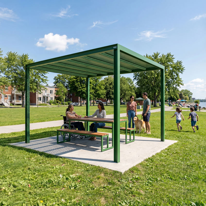 Table pique-nique modulaire, accès universel (PMR), pergola, pergola modulaire, pergola urbaine, abri solaire, Abri de table de pique-nique, mobilier urbain, table à pique-nique, table publique, banc public, mobilier espace public, mobilier extérieur, mobilier d'espace collaboratif extérieur, mobilier espace commercial, mobilier de parc, mobilier scolaire, station touristique, mobilier terrasse commerciale, mobilier place publique, mobilier toit-terrasse extérieur, mobilier modulaire urbain Modular picnic table, universal access (ADA), pergola, modular pergola, urban pergola, sunshade, solar shelter, Picnic table shelter, urban furniture, street furniture, site furnishings, public table, public bench, modular picnic table, public space furniture, public square outdoor furniture, outdoor furniture, outdoor collaborative space furniture, commercial furniture, park furniture, school outdoor furniture, touristic station, Touristic site outdoor furniture, commercial terrace furniture, rooftop terrace furniture, urban modular furniture